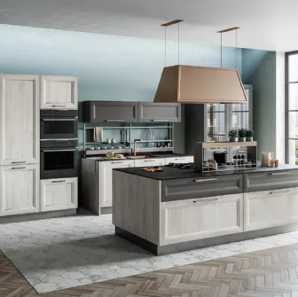 Cucina Moderna con isola Smart 10 finitura Rovere Greige e Pet Carbone Supermatt di Creo