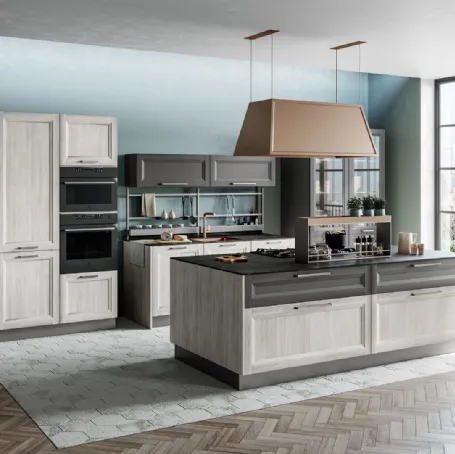 Cucina Moderna con isola Smart 10 finitura Rovere Greige e Pet Carbone Supermatt di Creo