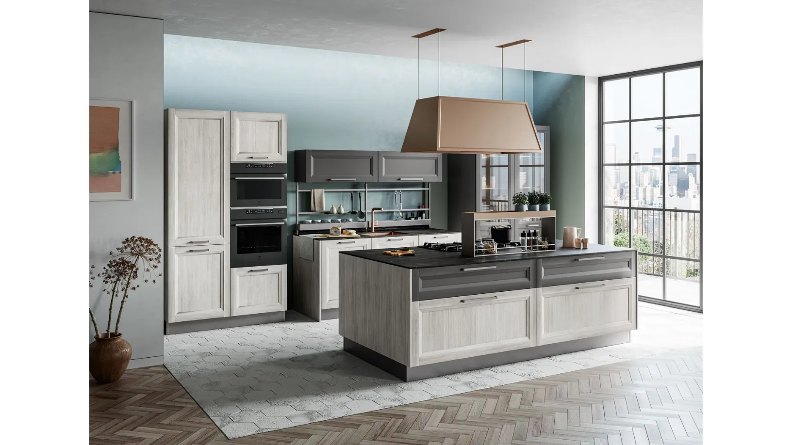 Cucina Moderna con isola Smart 10 finitura Rovere Greige e Pet Carbone Supermatt di Creo