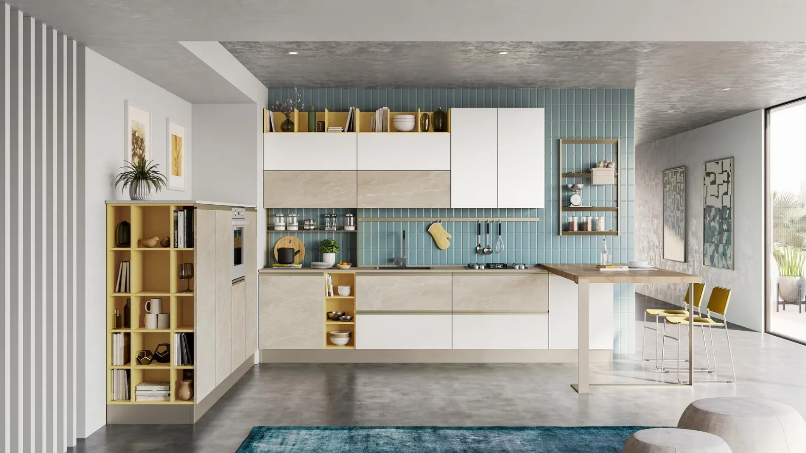 Cucina Moderna con penisola Tablet in laccato Bianco e effetto marmorizzato Trani di Creo