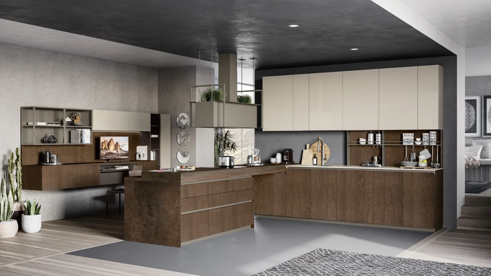 Cucina Moderna con penisola Tablet Wood 07 in Rovere Grey e laccato opaco Ardesia di Creo