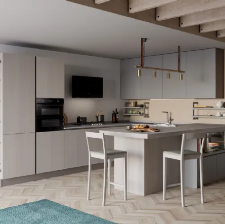 Cucina Moderna angolare con penisola Tablet Wood in Rovere Grey e laccato opaco Ardesia di Creo