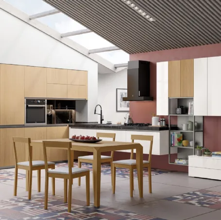 Cucina Moderna angolare Tablet Wood in Rovere Naturale e laccato Bianco lucido di Creo
