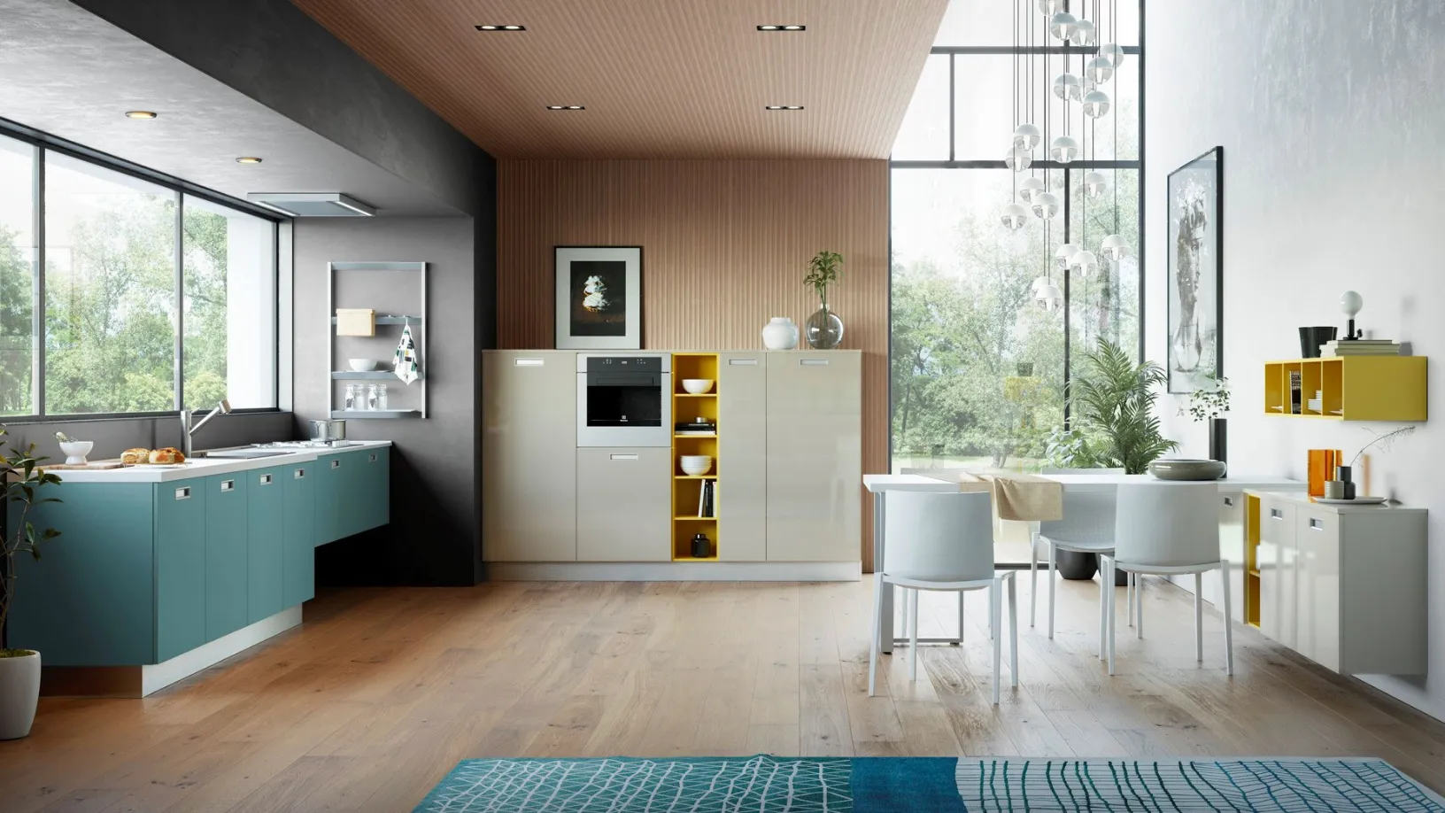 Cucina Moderna Zoe in laccato lucido Sasso e laccato opaco Verde Fiordo di Creo