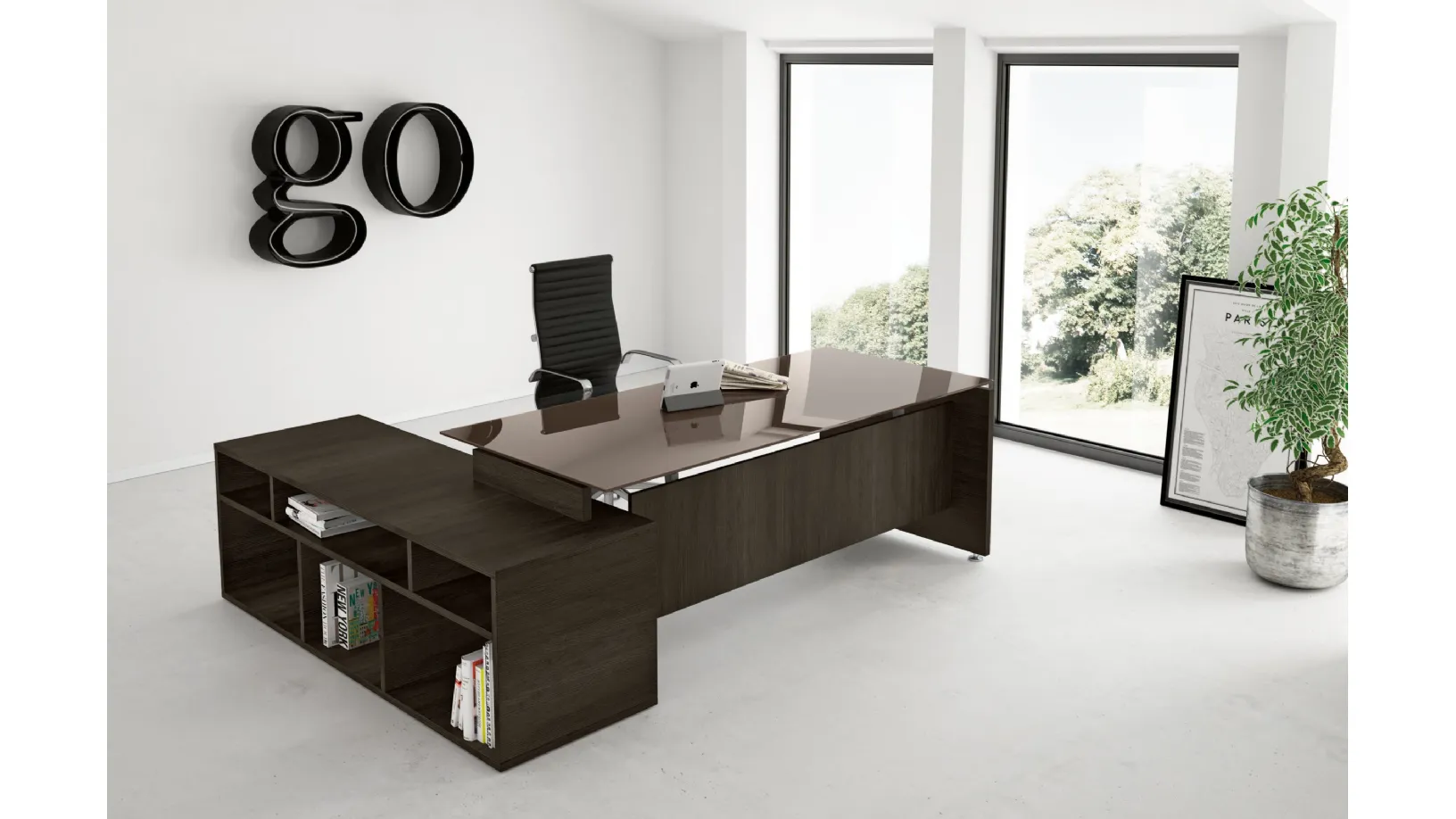 Scrivania Direzionale con piano in vetro e struttura in melaminico effetto legno GO 03 di Colombini Office