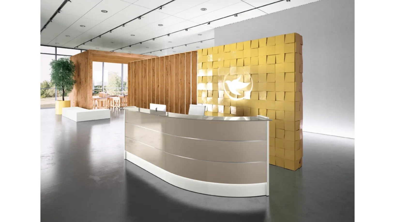 Bancone Reception GET IN 03 in laccato lucido e top in vetro a specchio di Colombini Office